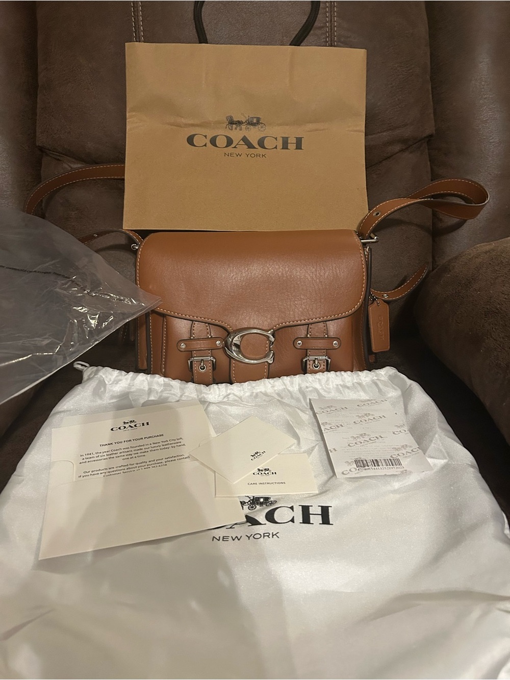 Coach Tan Leather Saddle Crossbody Bag with Silver Hardware